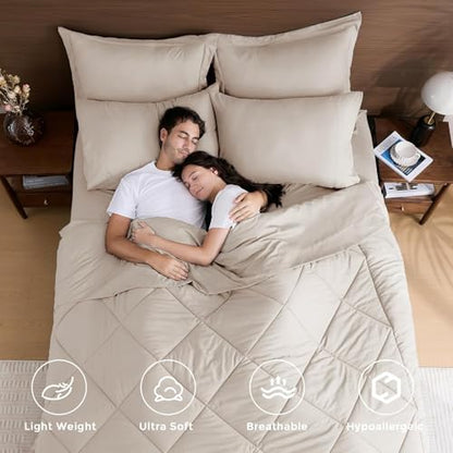7-Piece Oversized Queen Comforter Set, Beige | Reversible, All-Season, Soft, 7 Piece Set, All-Season Reversible Bed in a Bag, Flat Sheet, Fitted Sheet, Pillowcases - color: Beige, size: Oversized Queen