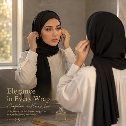 Jersey Hijab Scarf for Women,Lightweight Muslim Turban Head Scarf Modal Feel Hijab Coverings for Prayer with Clip - color: Black