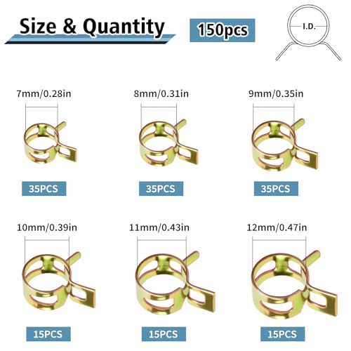 150Pcs Spring Band Hose Clamps Assortment Kit, Fuel Line Hose Clamps, Low Pressure Air Spring Clips for Silicone Vacuum Hose Pipe Clamps, 6 Sizes (7mm 8mm 9mm 10mm 11mm 12mm)