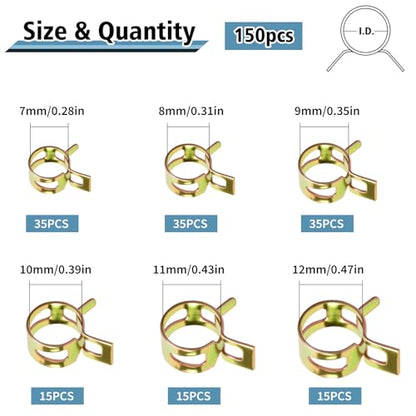 150Pcs Spring Band Hose Clamps Assortment Kit, Fuel Line Hose Clamps, Low Pressure Air Spring Clips for Silicone Vacuum Hose Pipe Clamps, 6 Sizes (7mm 8mm 9mm 10mm 11mm 12mm)