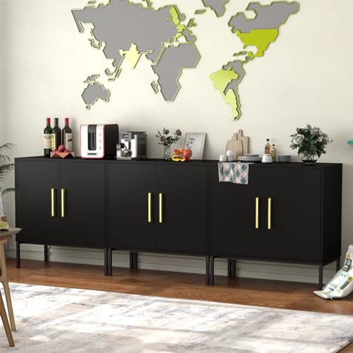 JOZZBY Buffet Sideboard Cabinet Set of 3 with Storage and Adjustable Shelves, Black丨Modern Wooden Cabine, Black and Gold Cabinets for Living Room, Kitchen, Hallway - color: Black, size: 3 Pcs