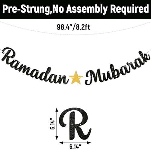 Ramadan Mubarak Banner - Ramadan Mubarak Decorations, Muslim Eid Mubarak Kareem Bunting Sign, Muslim Islamic Festival Party Decorations Black Glitter