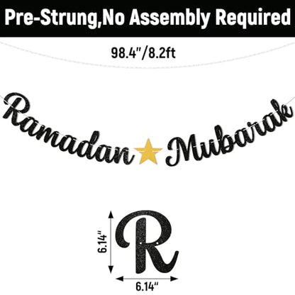 Ramadan Mubarak Banner - Ramadan Mubarak Decorations, Muslim Eid Mubarak Kareem Bunting Sign, Muslim Islamic Festival Party Decorations Black Glitter