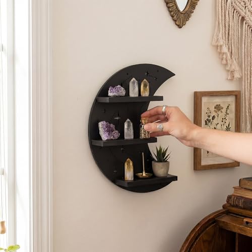 Crescent Moon Shelf with LED Light, Trinket Shelf & Whimsical Celestial Room Decor, Celestial Decor Crystal Holder Witchy Wall Decor for Living Room, Bedroom
