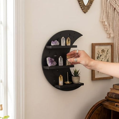 Crescent Moon Shelf with LED Light, Trinket Shelf & Whimsical Celestial Room Decor, Celestial Decor Crystal Holder Witchy Wall Decor for Living Room, Bedroom