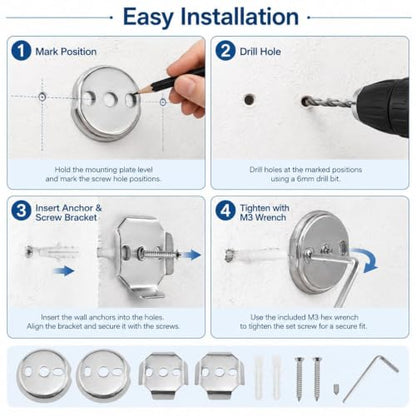 Towel Bar Mounting Hardware Universal Stainless Steel Bracket 1 Set | 2 Round and 2 Square Bases, Stainless Steel Construction, Screws with M3 Wrench, for Common Bathroom Fixtures