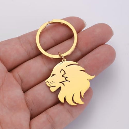 Dreamtimes Lion With King Crown Keychain for Men Stainless Steel Lion Punk Rock Keychain Bag Car Key Pendant Keychain - color: Gold-2