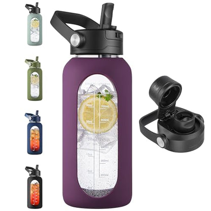 CIVAGO 32 oz Glass Water Bottle with Detachable Straw and Time Maker | Motivational Large Flask Cup with Handle, Leakproof Lids, Wide Mouth, Silicone Sleeve, Tumbler for Juice, Mauve - color: Mauve, size: 32 Ounces