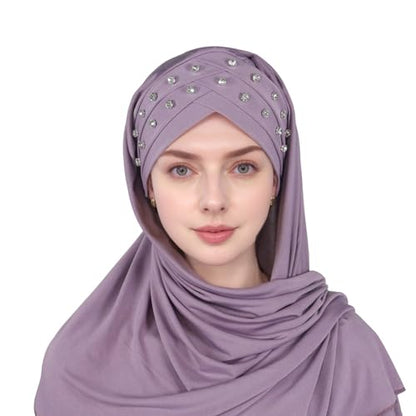 Muslim Head Scarf for Women Crystal Linen Rhinestone Cross Strap Turban Wrap Cap Elegant Breathable Sparkly Hijab - color: 06#_light Purple