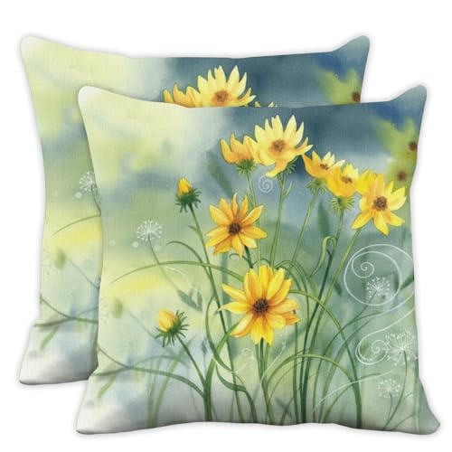 Dreamly Spring Throw Pillow Covers 18x18 in Green and Yellow Floral Throw Pillow Covers 18x18 Set of 2 Rustic Flower Pillows Cover Farmhouse Sunflower Daisy Wildflower Pillows Cover Decor - color: Watercolor Daisy Flower Decor