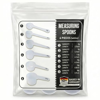 Measure spoons | measuring spoons set of 6 | exact dosing 3 gram scoop, 5 gram scoop, 7,5g, 10g, 15g, 30g | kitchen measuring set for powder and liquids | plastic medicine spoon and cups