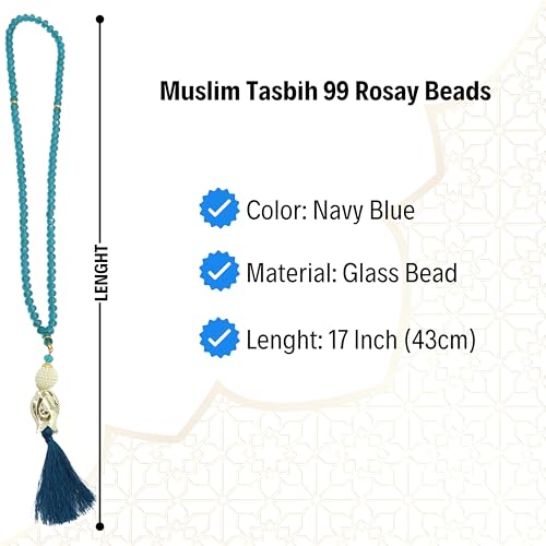 Muslim Tasbih 99 Rosary Beads with Pouch - Islamic Prayer Beads, Muslim Rosary Beads, Zikr Beads, Tasbeeh, Misbaha, Masbaha, Tespih, Bead Necklace for Women TS0205 - color: Navy Blue