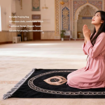 Tnfeeon Authentic Muslim Prayer Rug Soft Cotton with Tassels Portable Foldable Mat for Meditation Home Travel Islamic Prayer Carpet with Storage Bag for Men Women