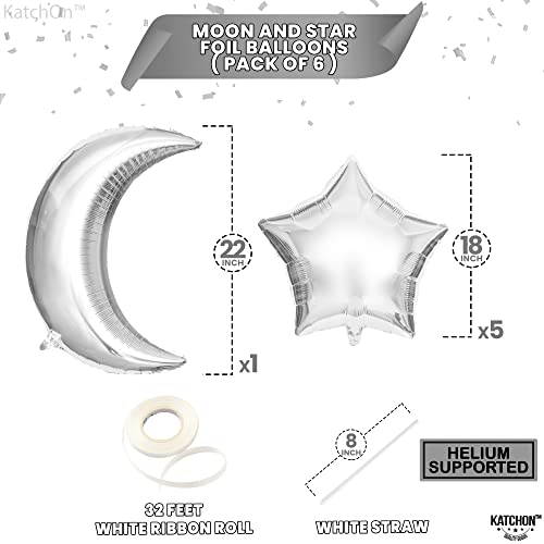 KatchOn, Big Silver Moon Balloon and Star Balloons - 22 Inch, Pack of 13 | Astronaut Space Balloons Set | Silver Star Balloons for Space Birthday Decorations | Space Birthday Decorations