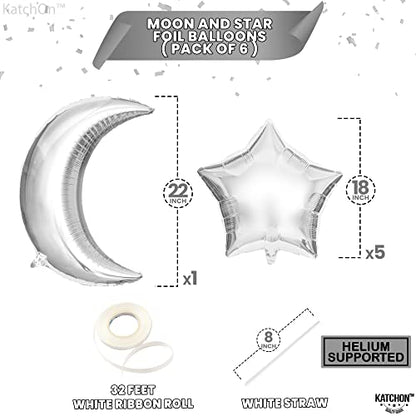 KatchOn, Big Silver Moon Balloon and Star Balloons - 22 Inch, Pack of 13 | Astronaut Space Balloons Set | Silver Star Balloons for Space Birthday Decorations | Space Birthday Decorations