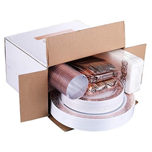FOCUSLINE 175 Ct Rose Gold Dinnerware Set for 25 Guests, Plastic Plates with Rose Gold Lace Rim Design, Including 25 Disposable Dinner & Dessert Plates, Cups, Napkins, Cutlery Set - color: Rose Gold Dinnerware Set