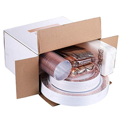 FOCUSLINE 175 Ct Rose Gold Dinnerware Set for 25 Guests, Plastic Plates with Rose Gold Lace Rim Design, Including 25 Disposable Dinner & Dessert Plates, Cups, Napkins, Cutlery Set - color: Rose Gold Dinnerware Set