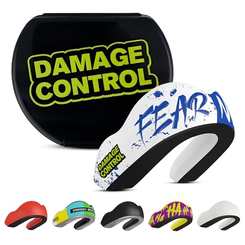 DAMAGE CONTROL Extreme Impact Sports Mouth Guard w/Case – Fear None | Adult – Boil & Bite Fit, Shock-Absorbing Pads, Ventilated Case – MMA, Boxing, Hockey, Football, Rugby, Lacrosse & BJJ - color: Fear None, size: Adult
