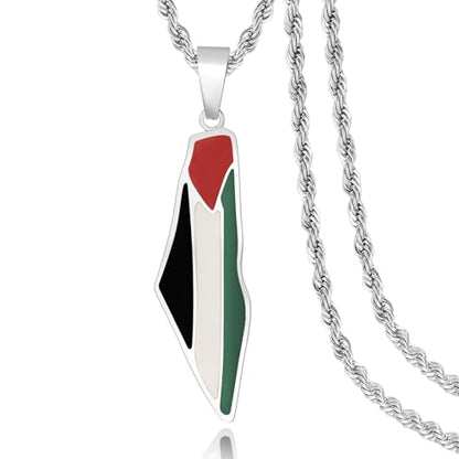 Palestine Map Pendant Necklace, Stainless Steel Chain, Multicolor，Peace Pendant - color: Silvery
