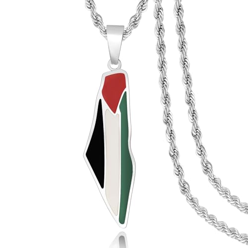 Palestine Map Pendant Necklace, Stainless Steel Chain, Multicolor，Peace Pendant - color: Silvery