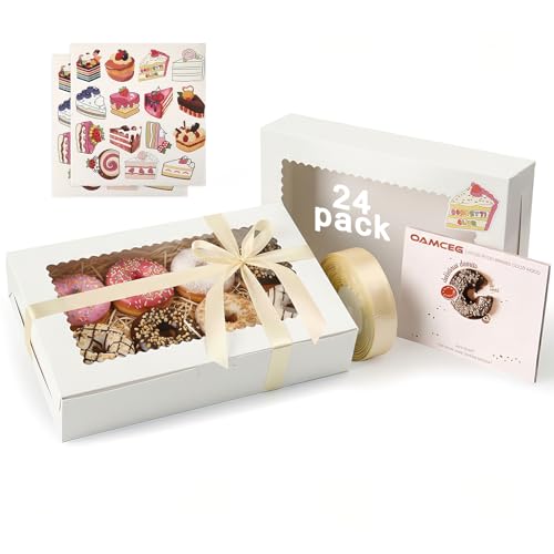 OAMCEG 24 Pack Cookie Boxes with Window, 12x8x2.5 Inch Bakery Treat Boxes for Christmas Holiday Gift Giving, Desserts, Donuts, Pastries-White