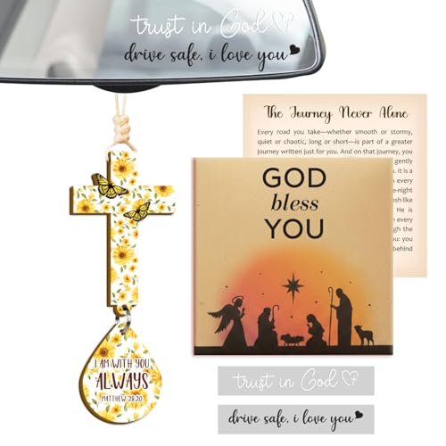 Sunflower Christian Cross Car Hanging Ornament – “I Am With You Always” Matthew 28:20 – Rearview Mirror Faith Gift for Women, Butterfly Floral Design, Scripture Card & Blessing Décor - color: Cross Sunflower
