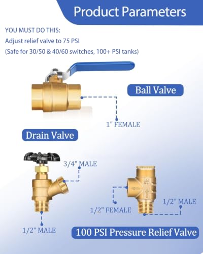 Miumoon 1"x 11" Well Pressure Tank Tee Kit with 40-60Psi Pressure Switch | Ball Valve, 100 Psi Pressure Gauge, Relief Valve, Drain Valve, Well Tank Tee Kit for Pressure Tank with Diameters Up to 16"