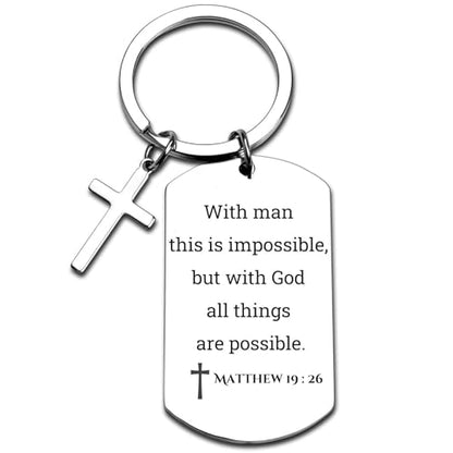 GiftYou Inspirational Scripture Metal Key Chains with Cross Pendant - Bible Verse Keychain Religious Gift for Christian - color: Matthew 19:26