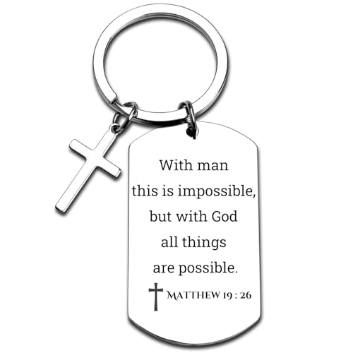 GiftYou Inspirational Scripture Metal Key Chains with Cross Pendant - Bible Verse Keychain Religious Gift for Christian - color: Matthew 19:26