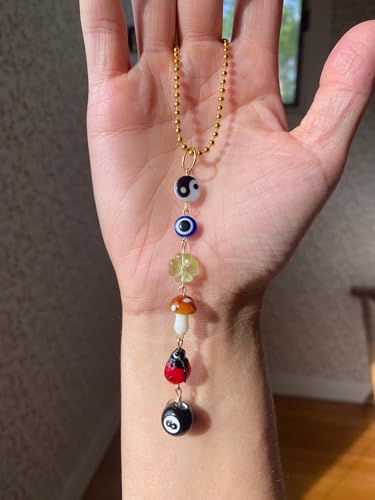 Evil Eye Car Hanging Charm,Rear View Mirror Accessories,Boho Mushroom Decor | Good Lucky Days,Four-Leaf Clover Pendant for Women Men,Cute 8 Ball Ladybug Yin Yang Symbol Ornament