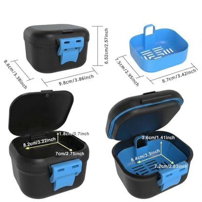 BVN Upgraded Leak Proof Denture Bath Cup with Strainer | Portable Denture Soaking Box with Storage Compartment, Travel Retainer Cleaning Case for Dentures, Braces & Mouth Guards - color: Black+blue
