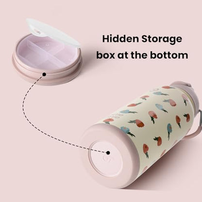 BOTTLE BOTTLE 32oz Insulated Water Bottle with Pill Box | Stainless Steel,Sport Water Bottle, with Straw Dual-use Lid and Pill Box, Design for Gym - color: buds rain