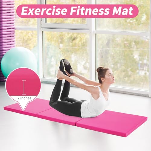 BLKMTY Gymnastics Mat, 2"x6' Folding Exercise Yoga Mat for Kids Tumbling | PU Leather Workout Mat, with Carrying Handles, For Home Gym Aerobic Fitness - color: Pink