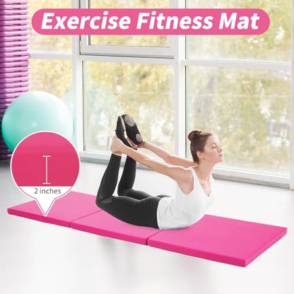 BLKMTY Gymnastics Mat, 2"x6' Folding Exercise Yoga Mat for Kids Tumbling | PU Leather Workout Mat, with Carrying Handles, For Home Gym Aerobic Fitness - color: Pink
