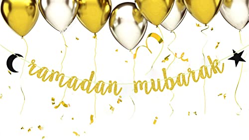 Ramadan Mubarak Banner Eid Mubarak Decorations for Happy Eid Muslim Islam Party Decorations Gold Glitter