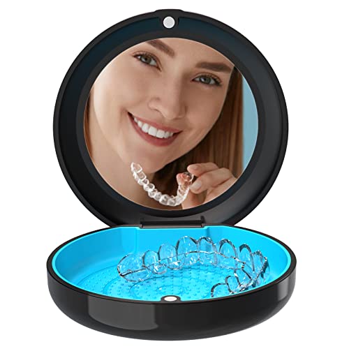 BVN Retainer Case with Mirror, Orthodontic Dental Case for Braces, Mouth Guard, Dentures, Teeth Aligner, Night Guard Container Storage Holder Black - size: Circular case with mirror
