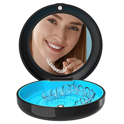 BVN Retainer Case with Mirror, Orthodontic Dental Case for Braces, Mouth Guard, Dentures, Teeth Aligner, Night Guard Container Storage Holder Black - size: Circular case with mirror
