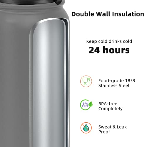 Fanhaw 20 oz Insulated Stainless Steel Water Bottle with Anti-Dust Chug Lid & Carabiner Lid, Leakproof Vacuum Metal Bottle for Kids, Teens & Adults, Back to School Essentials (Gray) - color: Gray, style: 20 Ounces - 2 Lids