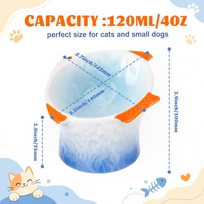 Tioncy 2 Pcs Raised Tilted Ceramic Cat Food Bowl Fish Shape Cute Elevated Slanted Shallow Angled Cat Dish Non Slip Feeder Bowl for Anti-Vomiting and Fatigue (Blue,Orange) - color: Blue,Orange