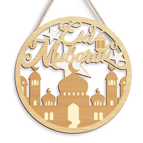 Islamic Wooden Plaque Wall Decor, Mosque and Crescent Moon Wall Art for Home, Living Room 12x12 Inch - color: Golden