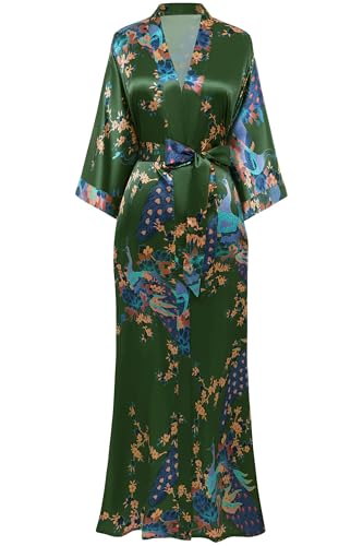 BABEYOND Women's Kimono Robe Long Satin Robes with Peacock and Blossoms Printed Kimono Nightgown - color: Bronze Green, size: One Size