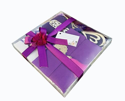 SAIKA Muslim Prayer Rug, 7 in One Gift Set, Prayer Mat Surah Book, Tasbeeh, Scarf, Surah Case, Bookmark, Car Mirror Hanger, Prayer Beads,Islamic Gift for Umrah, Hajj, Wedding, Janamaz (Purple) - color: Purple