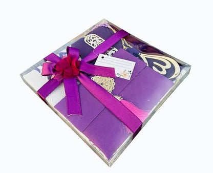 SAIKA Muslim Prayer Rug, 7 in One Gift Set, Prayer Mat Surah Book, Tasbeeh, Scarf, Surah Case, Bookmark, Car Mirror Hanger, Prayer Beads,Islamic Gift for Umrah, Hajj, Wedding, Janamaz (Purple) - color: Purple