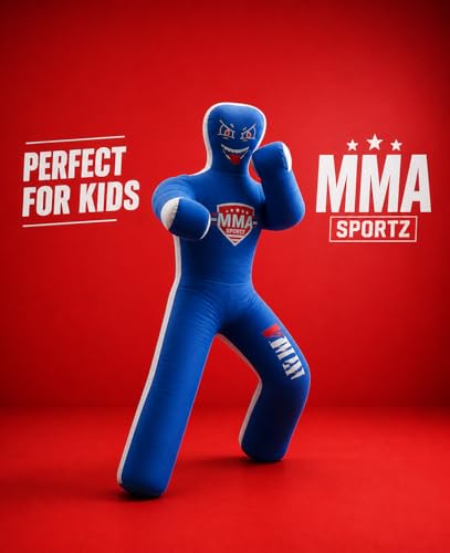 Kids Grappling Standing Dummy - Unfilled – Wrestling, Jiu-Jitsu, MMA Training Dummy with Moveable Arms and Legs – Durable Polyester Fabric - color: Blue-Stand, size: 4 ft-49 Inch