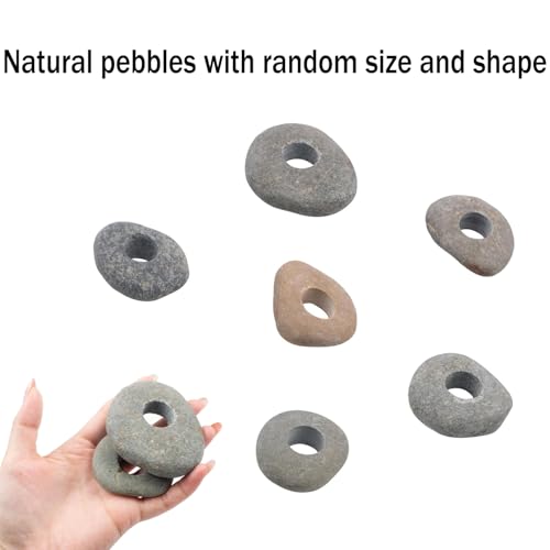 6 Pcs Natural River Stone Plant Weights for Aquarium, Pebble Aquatic Plants Fixed Ring, Aquarium Plant Anchors, Unique Shape & Size for Aquarium Landscape Decoration (0.79'' Hole Diameter)