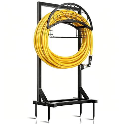 Garden Hose Holder Stand, BOLITE Metal Hanger with Storage Basket, 150ft | Heavy Duty, Freestanding Detachable, Water Hose Holder with Storage Basket, 4 Spikes, Storage Rack for Outside Yard Lawn Farm - style: Freestanding with Bracket