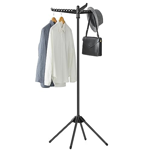 SONGMICS 의류 건조대, 149.9cm(59인치) 접이식 세탁 건조대, 행거용 회전 가능한 팔 3개, 다리 4개, 스테인리스 스틸, 옷 27피스용, 블랙 ULLR510B01 - color: 블랙., style: 1단