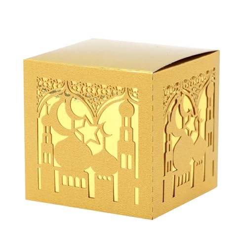 EUBUY 50 Pack Ramadan Treat Boxes, Islam Ramadan Party Candy Boxes, Ramadan Gift Boxes with Ribbons for Muslim Eid Party Supplies, Middle Eastern Festival Favor Boxes - color: golden