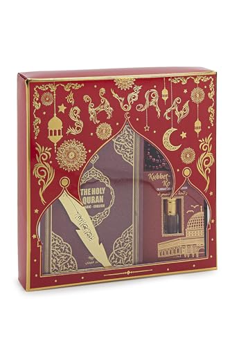 ihvan online Prayer Gift Set for Hajj and Umrah, Muslim Prayer Rug, Prayer Mat, Beads Taasbih, Holy Quran Translated English, Muslim Praying Mat, Islamic Gift Set for Ramadan & Eid, Red - color: Red English