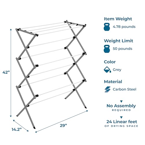 Honey-Can-Do 6-Tier Collapsible Steel Clothes Drying Rack, 24 ft, White | 6-tier steel rack with 24 ft of drying space folds flat to 3 in. Coated bars are gentle on delicates; 50 lb capacity. - color: White / Siver, size: 29" W